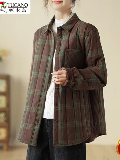 Woodpecker quilted plaid shirt and cotton coat for women in autumn and winter, loose thickened and warm single-breasted lightweight down coat, picture M recommended 90-115Jin Jin equals 0.5 kg