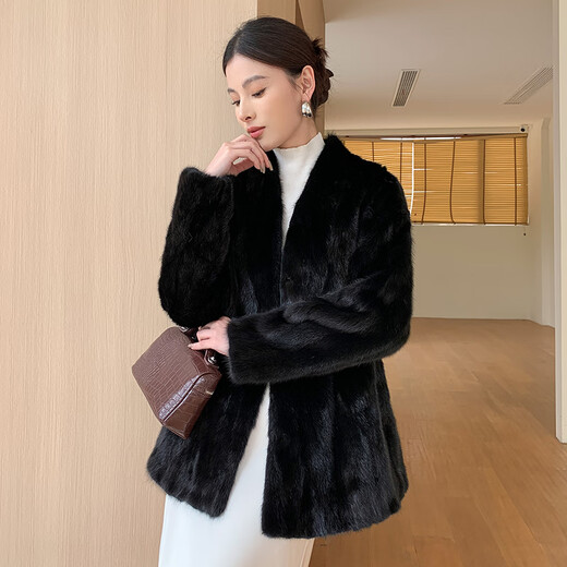 Aoerrun Haining imported 2025 new mink fur coat for women mink fur young style fashionable V-neck black M 90-110Jin Jin is equal to 0.5 kg