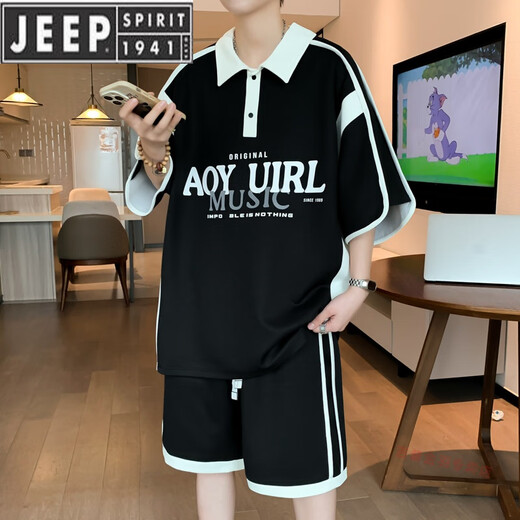 Jeep Spirit Youth Short à manches t-shirts masculins à demi-manches Polo Men's Summer Sports Set 6629 White [Set] L 110-130Jin [Jin est égal à 0,5 kg]