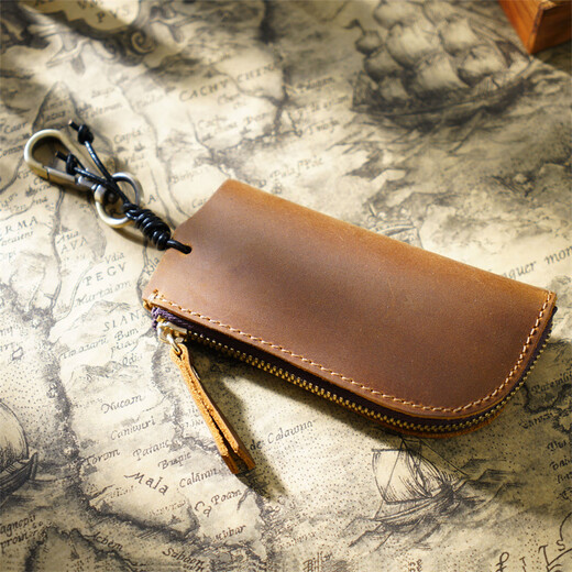 
AIGUONIU original handmade retro limelight layer cowhide casual zipper key bag men's waist-hung car multi-function keychain brown/brown
