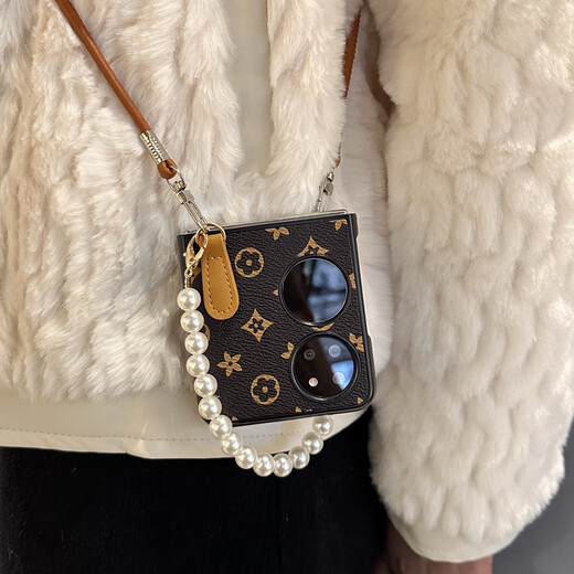 LENPY Lanpin new model suitable for Huawei Pocket2 mobile phone case folding screen crossbody advanced p50pockets hand chain protective case lanyard wrist strap p60 protective case for women all-in-pack anti-fall [coffee brown] retro trendy brand printing + pearl bracelet + oblique strap rope Huawei Pocket 2