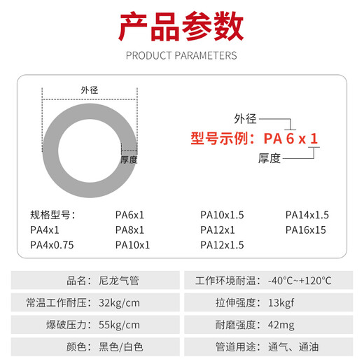 XMSJ尼龙气管PA 防冻气管溶剂管高压管8mm 油管 16公斤耐高温硬管 PA12101=100米