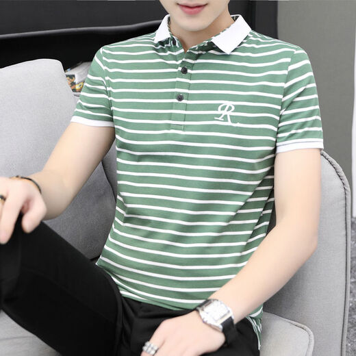 
NanYUQIU summer men's short-sleeved T-shirt striped Korean style trendy half-sleeved slim collared top clothes men's lapel 6636 brick red strips 2XL 135-150Jin [Jin equals 0.5 kg]
