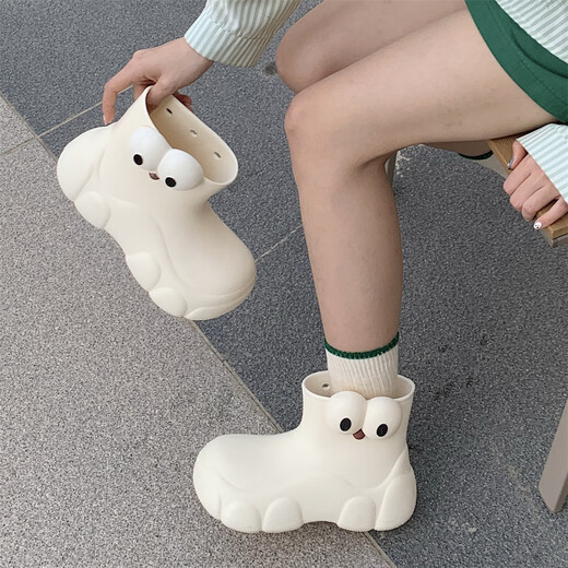 Thin strips (XIXITIAO) play with water on rainy days, anti-slip cute rain boots eva thick sole four seasons universal big eyes women wear rain boots off white single layer [cartoon big eyes] 36 36-37 large size 1