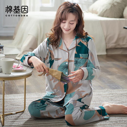 Cotton gene pure cotton women pajamas women spring and autumn lapel cardigan long sleeve trousers exquisite printed home clothes set