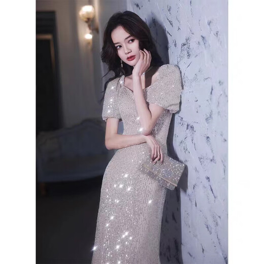 诺丽缇（NUOLITI）法式晚礼服亮片气质名媛高端小众生日宴会鱼尾主持人钢琴演奏礼服 香槟色长款 2XL