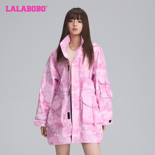 LALABOBO多巴胺迷彩中长风衣女秋季新款宽松轻户外工装外套LBDC-WSDW13 粉色 常规 S