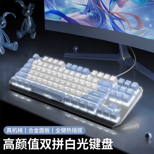 前行者TK870有线机械键盘游戏办公键盘拼色RGB侧光灯有线87键客制化热插拔游戏电竞台式电脑笔记本办 白蓝-白光【全键热插拔】有线