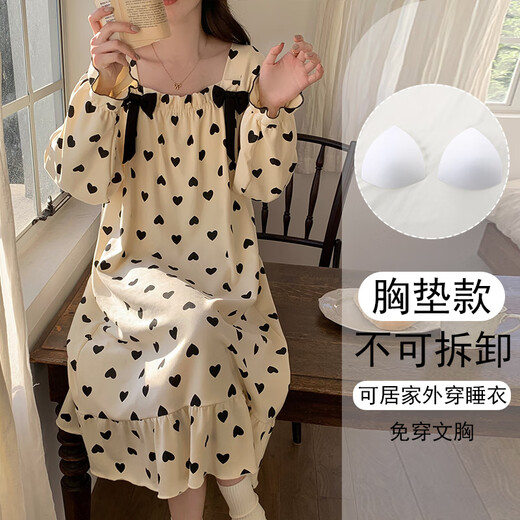 Qin Nuan 2025 new spring and autumn long-sleeved women's nightgown pajamas with chest pads integrated large size for outdoor wear 16857 without chest pads M (recommended weight 80-100 Jin [Jin equals 0.5 kg])
