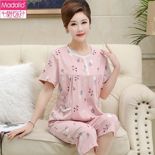 莫代尔中年妈妈睡衣女夏季纯棉短袖七分裤中老年人加大码薄款套装家居服 t3937 M (80-100斤)