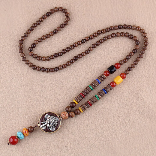 DING FEI ethnic style Rudraksha Bodhi sandalwood pendant long necklace women's Buddhist bead sweater chain men's cotton and linen Tibetan ornaments peace and blessing A29-108
