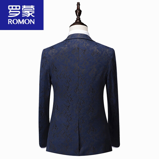 ROMON suit men's three-piece business casual dark floral suit handsome slim host groom wedding dress dark blue (suit + pants) XL