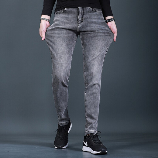 
Fan Litai black jeans men's slim feet pants autumn and winter plus velvet thickened Korean style trendy and casual jeans long trousers QQ 1048 black regular 30