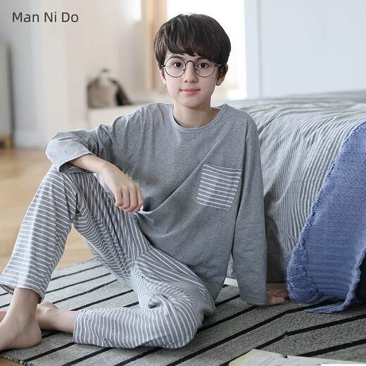 Mannido Boys Pajamas Spring и осенью Новый чистый хлопковой хлопковые дети с длинными рукавами мальчики Большие дети хлопковые подростки тонкие домашние одежды L5009 [двойная длина] 140 16 Размер Рекомендуется 135-145 см.
