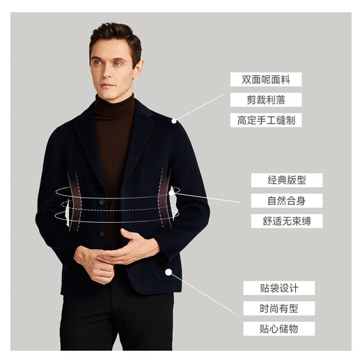 沙驰SATCHI秋冬轻暖双面呢商务男士西服外套男装100%绵羊毛耐皱西服 藏青48