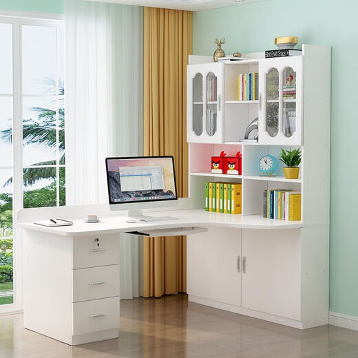 Guansi solid wood desk rack combination computer desk desktop bookcase integrated simple bedroom home corner combination study desk white 120*80 upper and lower bookshelf with door
