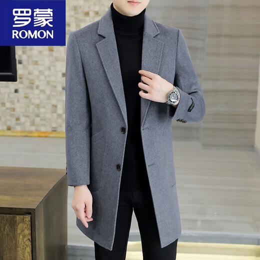 ROMON winter thickened woolen coat men's Korean style slim mid-length windbreaker youth casual woolen woolen coat trendy black plus cotton and thickening XL 125140Jin Jin equals 0.5 kg
