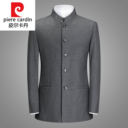 Pierre Cardin men's new Chinese stand-up collar suit suit for young and middle-aged men and dad's wear no-iron striped dress tunic knitted medium gray striped XXS pants waistline message remarks