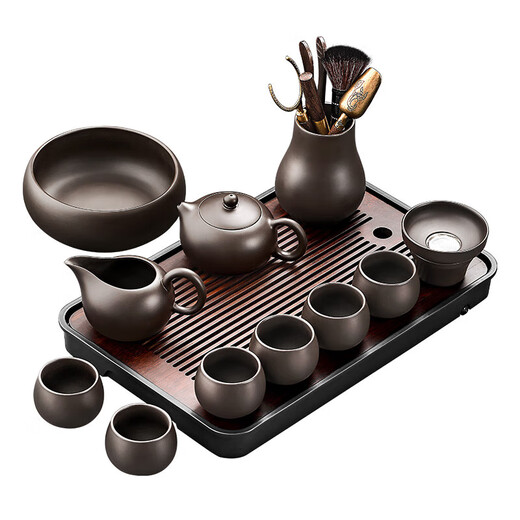 Tangfeng Zisha Kung Fu Tea Set Home Light Luxury High-end Xishi Teapot Teacup Cover Bowl Office Tea Making Gift Set Qianchuan Changhei + Ziyun Xishi Pot 11 Heads + Pinsheng