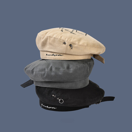 Jimmy Leaf English embroidered versatile beret Unisex rivets adjustable creative autumn and winter warm hat Black English embroidered beret One size fits all 55-58