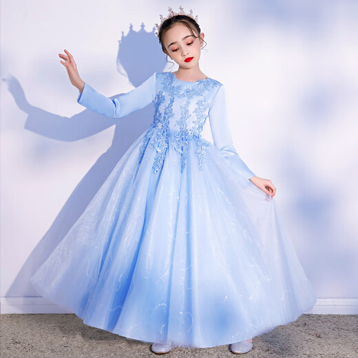 Xinlan Fuman Violin Performance Disfraz de niñas Vestidos para niños Cumpleaños de alta gama Princesa Falda Flores Flores Fiela anfitriona Z1901 [Collar de cabello azul] Siga la corona 140cm