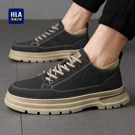Hailan Home (HLA) Herrenschuhe Sommer 2025 Neue Freizeitschuhe Retro atmungsaktive Arbeitsschuhe erhöht Anti-Rutsch-Martin-Schuhe der Herren-Schwarzpuppe atmungsaktiv 42