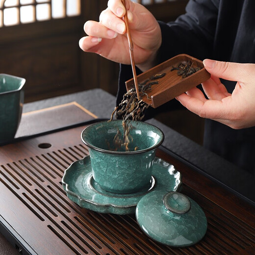 Kanglepin Black Ice Glaze Tea Set Complete Set of Household Ceramic Ice Crack Glaze Teapot Teacup Water Ice Flower Kung Fu Tea Set Qianchuan (Plate) + Black Ice Covered Bowl Teapot 14-Simple Pack