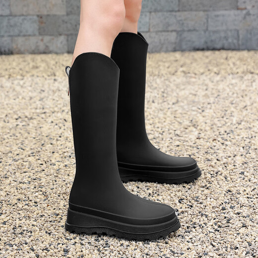 DG/du neue Regenstiefel für Frauen mit modischen hochrösten Regenstiefeln für Internet Celebrity plus Samt Langstuhlschuhe Nicht-Rutsch-Küchengummi-Schuhe Single Schuh-Schwarz (Standardgröße) 38 (Hinzufügen von Samtabdeckungen kann absendlich sein)