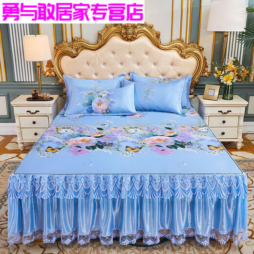 Modu European style bed skirt bed cover cover washable machine washable soft mat summer spring garden - blue 2x2.2 meters