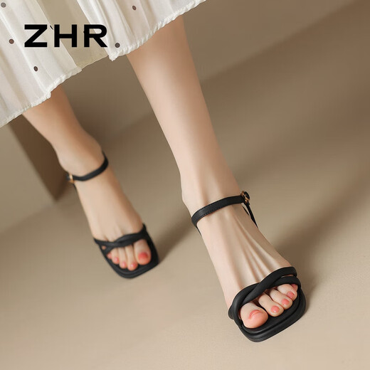 ZHR凉鞋女夏季方头百搭鞋子女粗跟增高一字带女鞋 Y757 黑色 36 