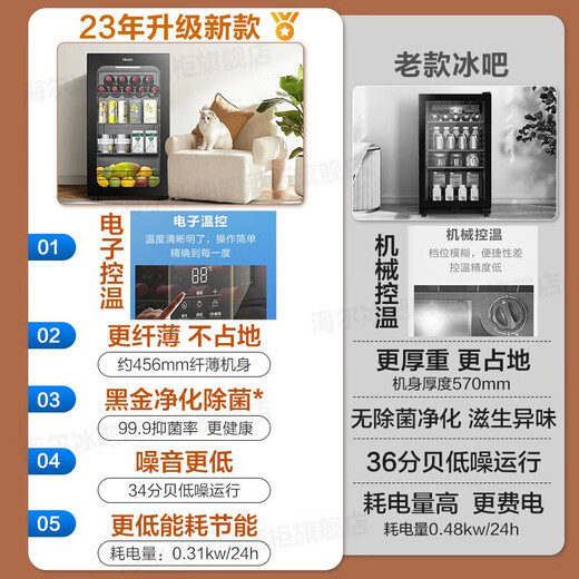 Haier Spot Special Ticket Small Ice Bar Living Room Home Office Mini Beverage Cabinet Single Door Embedded Refrigerator Beauty Tea Refrigerator E-Sports B&B Hotel First Class Energy Efficiency High 0.85m Electronic Temperature Control丨Black Gold Purification丨Piano Black 92L