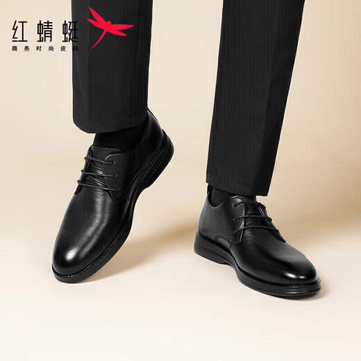 红蜻蜓男士牛皮商务休闲皮鞋男耐磨低帮系带男单鞋 WTA32555黑色40