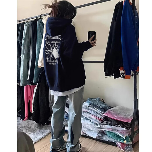 乔诗彤秋冬新款美式印花连帽卫衣女宽松休闲百搭上衣潮流ins加绒加厚 H12161深蓝色 3XL