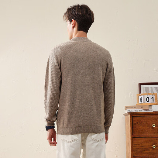 Comon Boca 2024 autumn and winter new solid color zipper wool cardigan jacket men's half turtleneck knitted top earth camel 2XL
