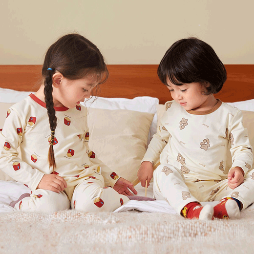 嘟嘟家儿童睡衣套装冬装男童舒适两件套女童满印可爱家居服小童秋衣秋裤 米底薯条 100