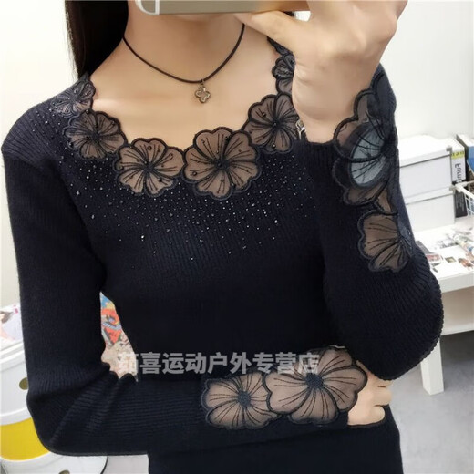 Wei Jie Chunqius neuer sexy Mesh Basishemd Hohlhemd Höhle Spitzenstrick koreanischer Stil Mode Spleißen schlankes elastisches Pullover Haar Schwarz (833) Größe L.