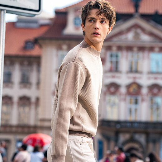
Mr. Bu Bu silhouette round neck thickened sweater for men's spring and autumn splicing design comfortable knitted sweater KT15699 Oatmeal Gray M (170)