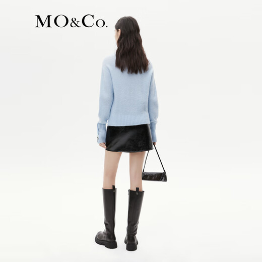 MO&Co. Rock style front zipper high waist knitted fabric base plain leather PU leather A-line short skirt skirt leather skirt Moanke black-2nd batch M 165