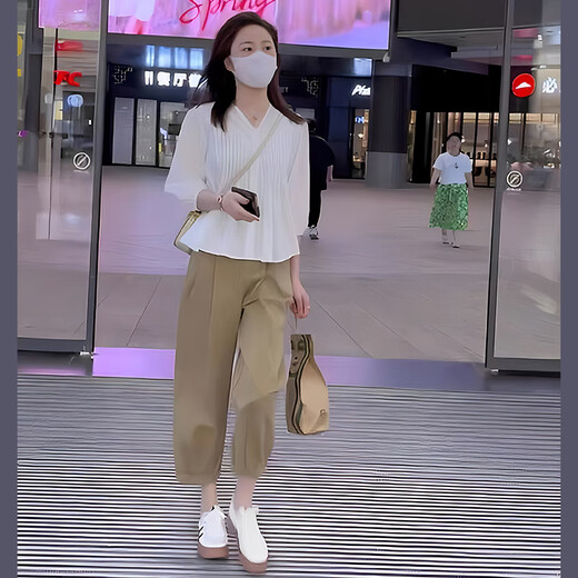南叮雅格孕妇装夏季新款短袖衬衫穿搭套装减龄俏皮活泼上衣两件套装 白色上衣+卡其裤 L