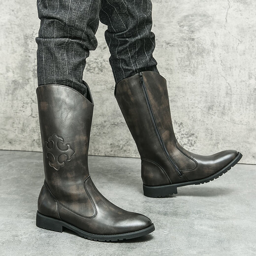 Yibaijian Western Cowboy -Stiefel Männer mongolische Reitstiefel hohe Rohrstiefel Pferdestiefel hohe Top -Stiefel hohe Top -Motorrad -Lederstiefel Herrenstiefel schwarz 42