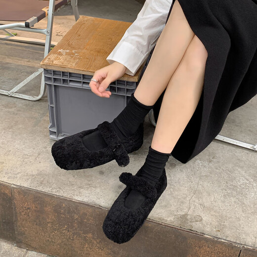 Kamulo Light Luxury 2023 Niche Street Trendy Fur Single Shoes 2023 Winter New Outdoor Versatile Band Fur Shoes Black 35