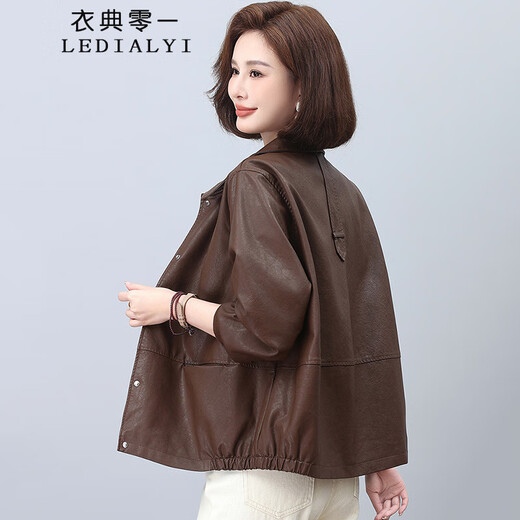 LEDIALYI short leather jacket for women 2025 spring and autumn new style middle-aged and small casual temperament age-reducing leather jacket top coffee color M (recommended 100-115 Jin Jin equals 0.5 kg)
