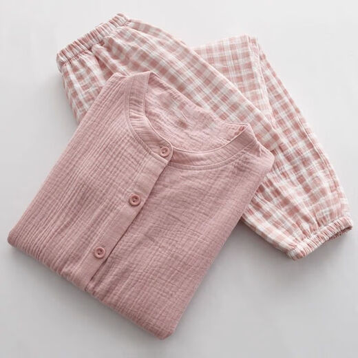 Langsha Gaze -Pyjamas für Frauen im Frühjahr und Herbst Sommer Reine Baumwolle Langarm Hosen Lose dünne Kragen ohne Kragenklimaanlagen Home -Kleidungsstück Y2601 Pink Round Neck Langarm M (80100jin [Jin gleich 0,5 kg]))