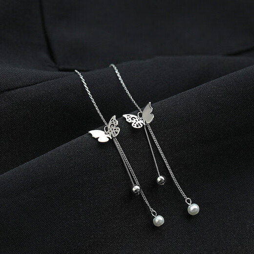 Crystal butterfly tassel ear wire girlfriend silver earrings 2025 new high-end earrings long birthday gift