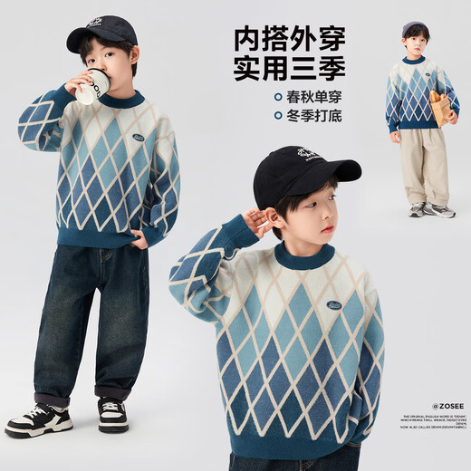 Zuoxi boys sweater winter warm sweater 2025 new style children's casual sweater top blue 160