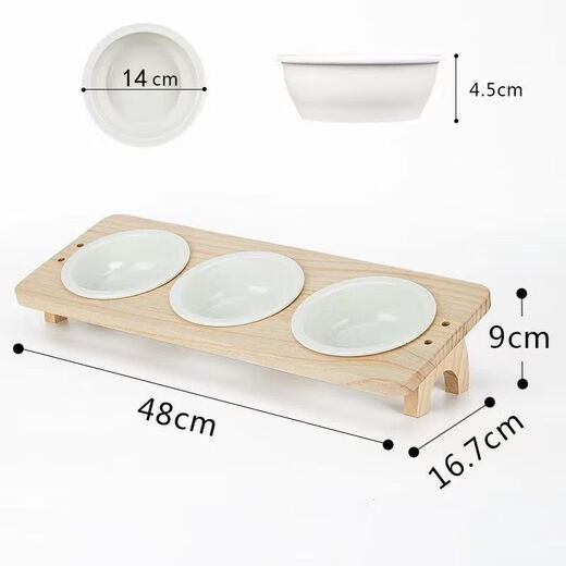 GUEIN Ceramic Cat Bowl Dog Bowl Inclined Neck Protection Prevention of Cat Rice Bowl Double Bowl Food Bowl Inclined Protection of Cervical Spinal Special for Big Cats [Big Bowl About 380ml] Pine Wood Style - 3 Bowls [Dry Rice Drink Water and Snacks]
