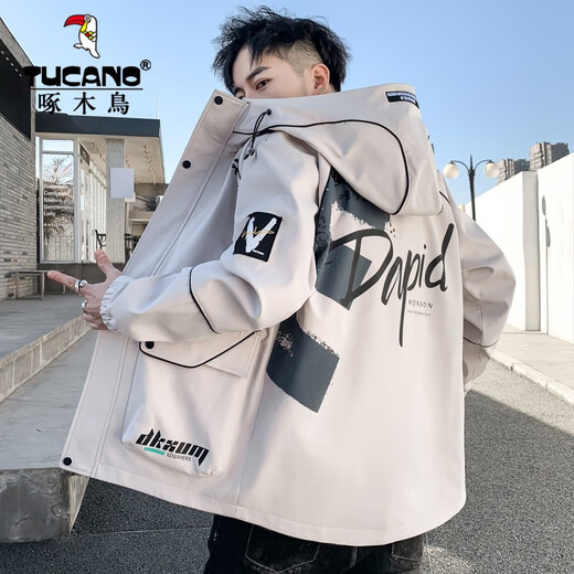 Woodpecker 2022 new Hong Kong style work jacket men's spring and autumn thin ins trendy brand loose casual jacket hooded top 16819 gray 180/2XL