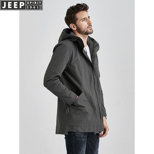 JEEP风衣男士中长款连帽春秋季工装韩版潮流休闲春秋外套 灰色 XL