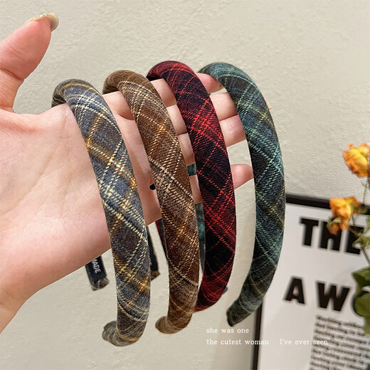 Morning Star College Style Pattern Headband Women's Headband Versatile Retro Style Outer Hair Card Fabric Pressed Hair Thin Headband Hair Accessory Blue Plaid