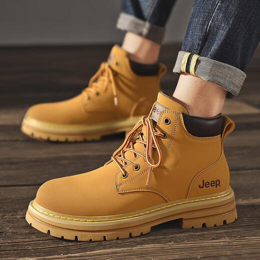 Jeep men's boots, autumn and winter real cowhide, high-top yellow boots, outdoor waterproof Martin boots, casual work boots, golden (leather shoe size) 41